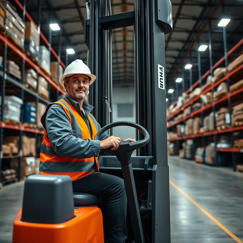 A focused man named Arthur driving a reach truck in a spacious warehouse