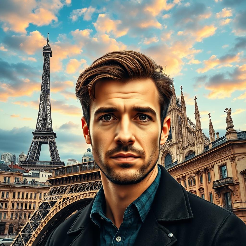 A surreal depiction of the Eiffel Tower placed in the city of Milan, Italy, with a portrait of a man prominently featured at the center