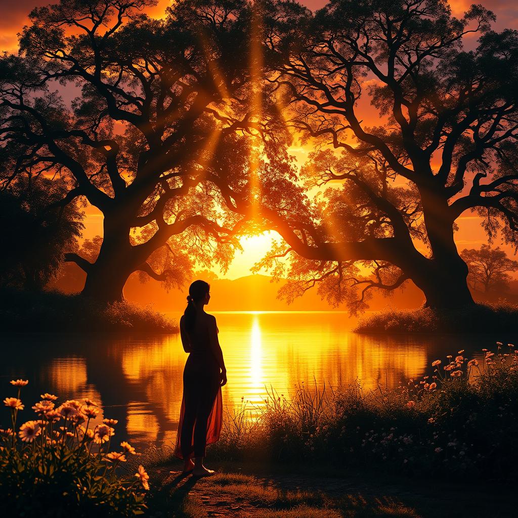 A captivating, ethereal scene inspired by the concept of 'Luz nas Almas' (Light in the Souls), depicting a serene landscape infused with vibrant, glowing light