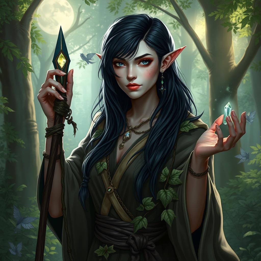 A striking female half-drow druid, showcasing her unique heritage with one side of her face illuminated by soft moonlight, highlighting her angular features and pointed ears