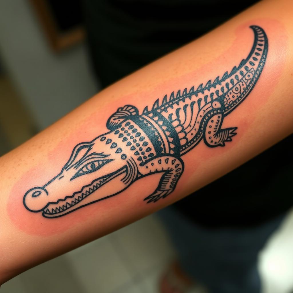 A striking Aboriginal style tattoo featuring a crocodile, intricately designed with detailed calving patterns woven into its form