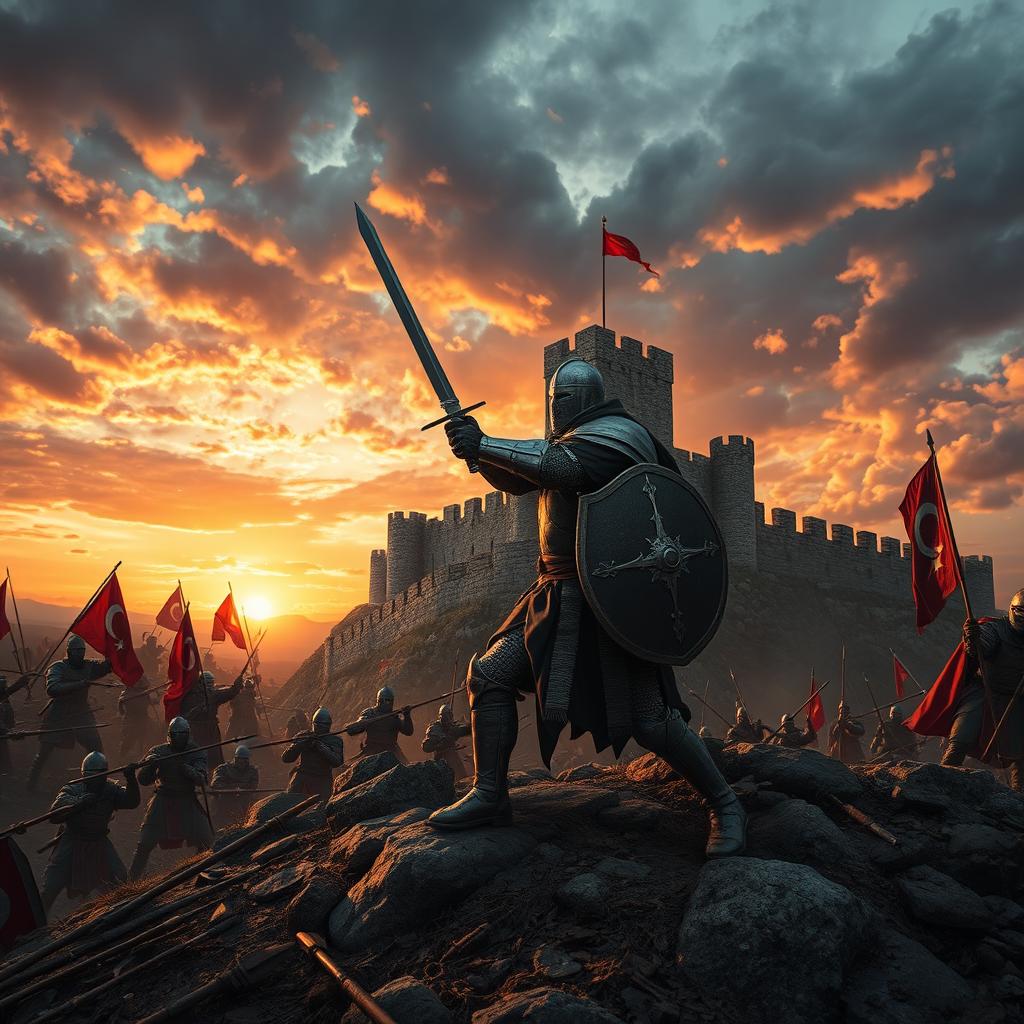 A dramatic scene depicting Szoboszlai defending a castle against invading Turkish soldiers during a historic battle