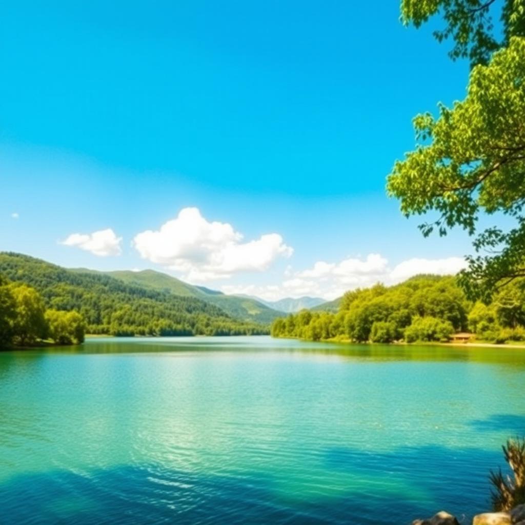 An idyllic landscape featuring a tranquil lake surrounded by lush green trees and gentle hills under a clear blue sky