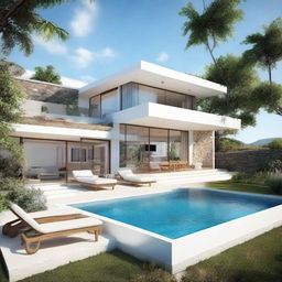 A one-story sea view villa, terraced contours, without a roof. Set on a 100m2 plot with a 60m2 first floor, and a second storey featuring an infinity pool, carport, and a balcony. Each floor houses a living room, bedroom, and a bathroom. 