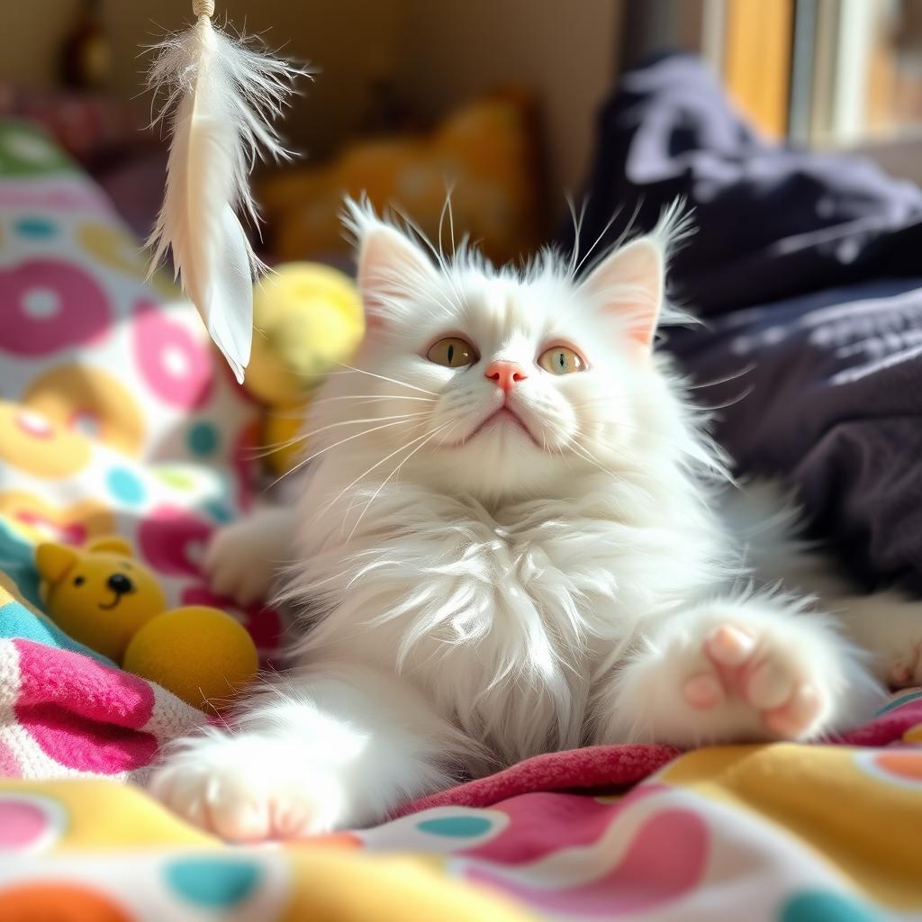 An adorable scene featuring a fluffy white cat with a distinct white nose, soft white tummy, and cute white paws