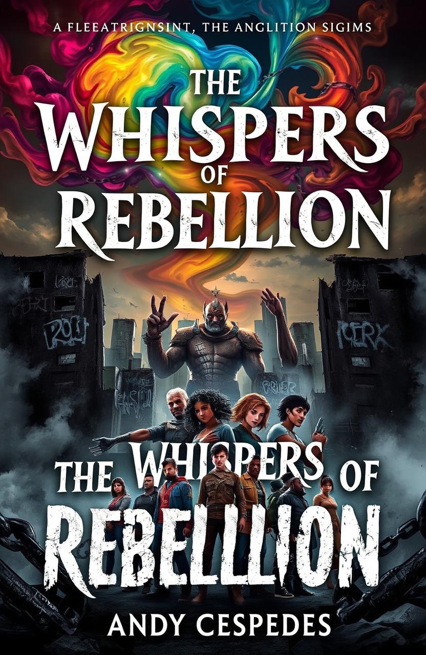 A captivating book cover for 'The Whispers of Rebellion' by Andy Cespedes, featuring a dystopian landscape engulfed in shadows and mist, symbolizing the oppressive regime