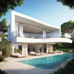 A one-story sea view villa, terraced contours, without a roof. Set on a 100m2 plot with a 60m2 first floor, and a second storey featuring an infinity pool, carport, and a balcony. Each floor houses a living room, bedroom, and a bathroom. 