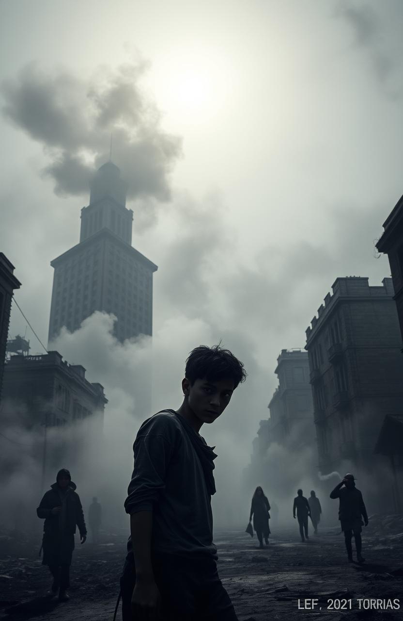 A dystopian cityscape shrouded in heavy smoke, depicting a post-apocalyptic environment