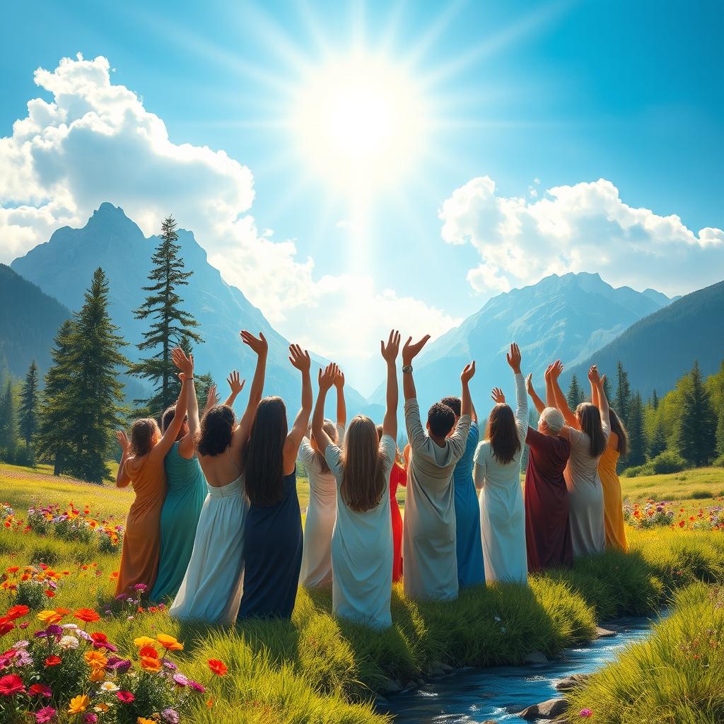 A serene and uplifting scene depicting a diverse group of people gathered in a beautiful natural landscape, arms raised in praise and worship towards a radiant light shining through the clouds