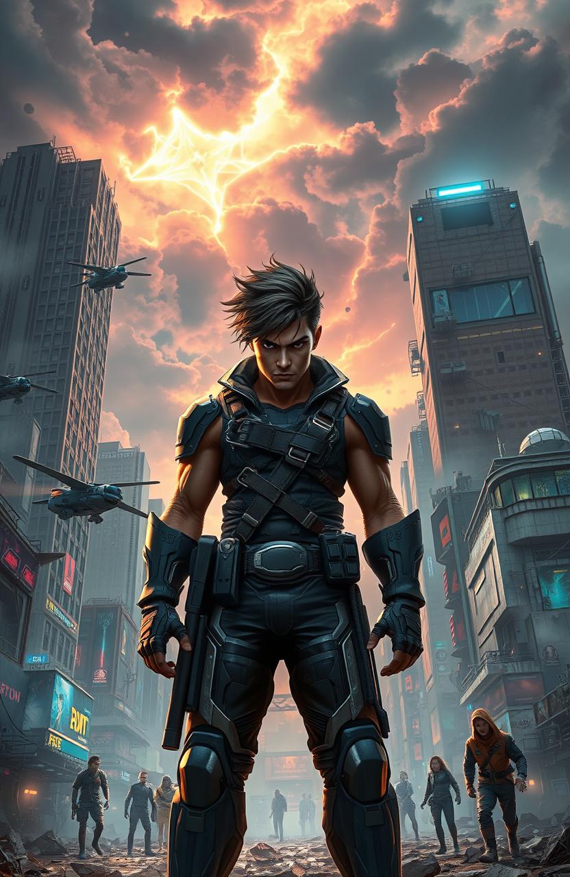 A dynamic and futuristic scene capturing the essence of rebellion and resilience, featuring a heroic character named Leo in a dystopian world