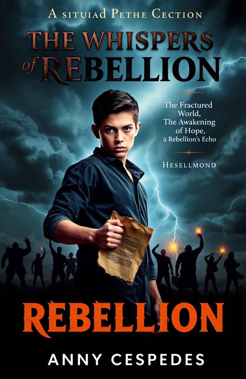 An evocative book cover design for 'The Whispers of Rebellion' by Andy Cespedes, showcasing themes of rebellion and resilience
