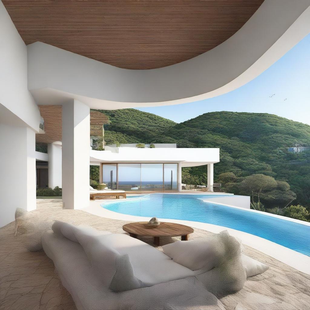 A one-story sea view villa, terraced contours, without a roof. Set on a 100m2 plot with a 60m2 first floor, and a second storey featuring an infinity pool, carport, and a balcony. Each floor houses a living room, bedroom, and a bathroom. 