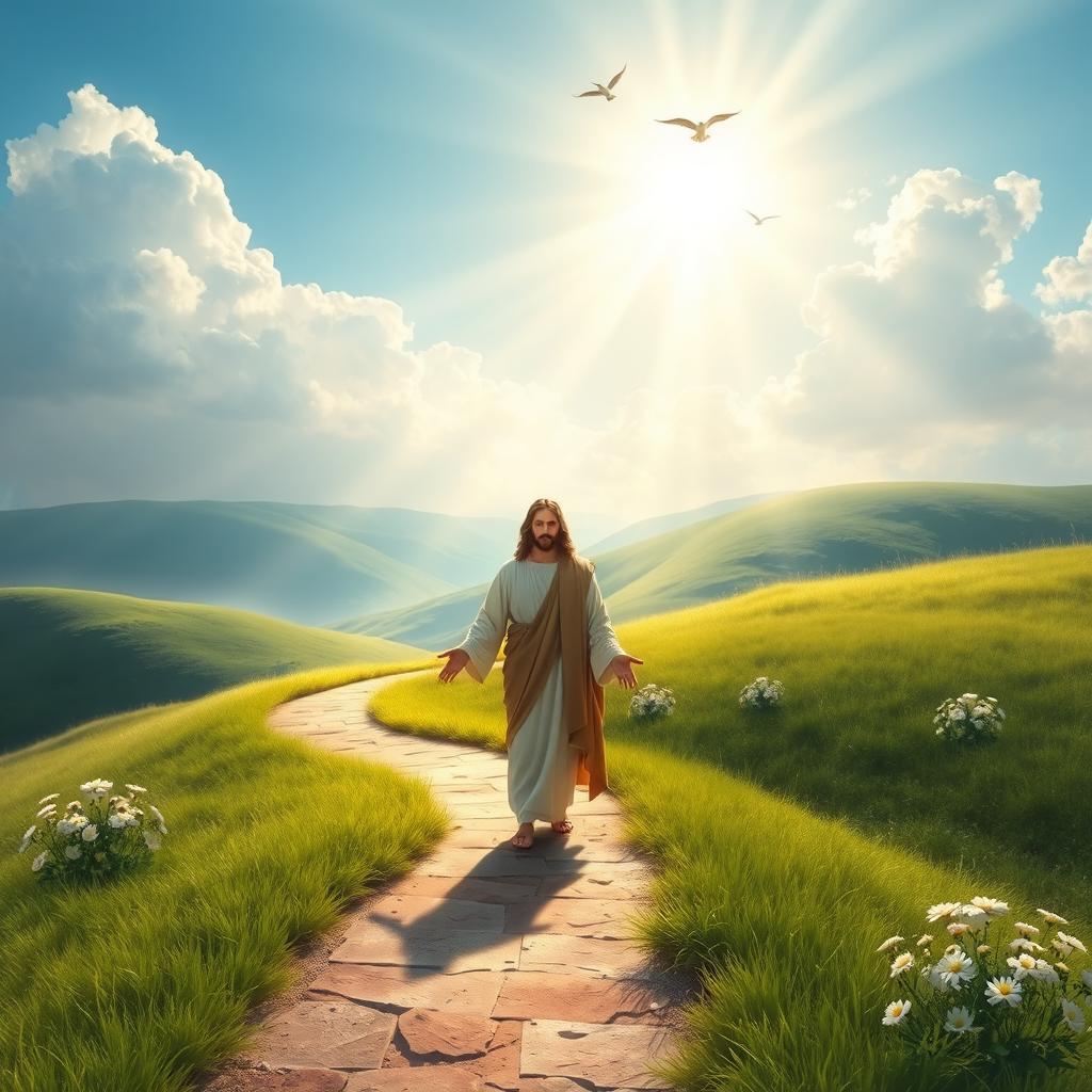 A serene and ethereal scene depicting Jesus standing on a winding path through a lush green landscape