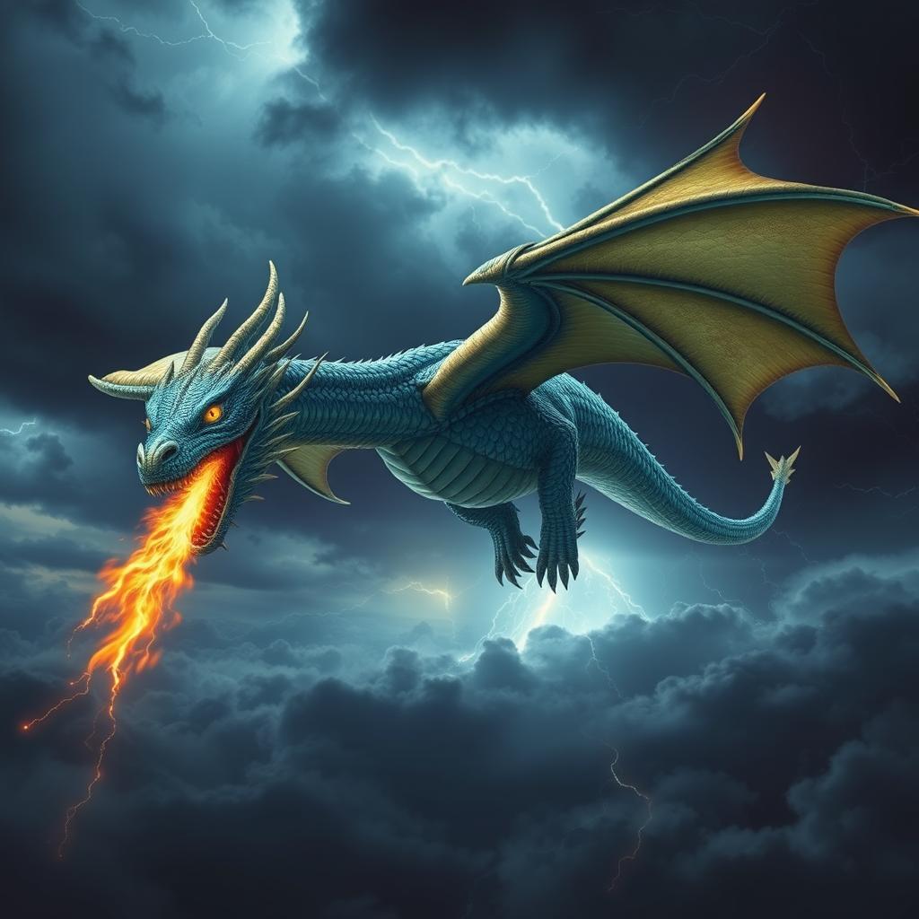 A majestic dragon soaring through a stormy sky, its scales shimmering in shades of iridescent blue and green