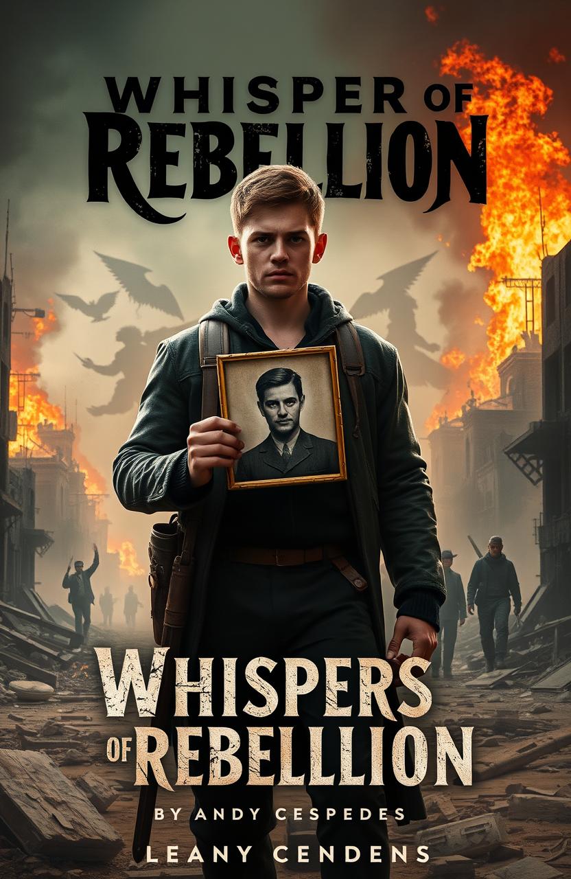 A powerful scene depicting Leo, a determined young man in a war-torn society set in 2135, as he uncovers the legacy of his great-grandfather, a fearless rebel leader