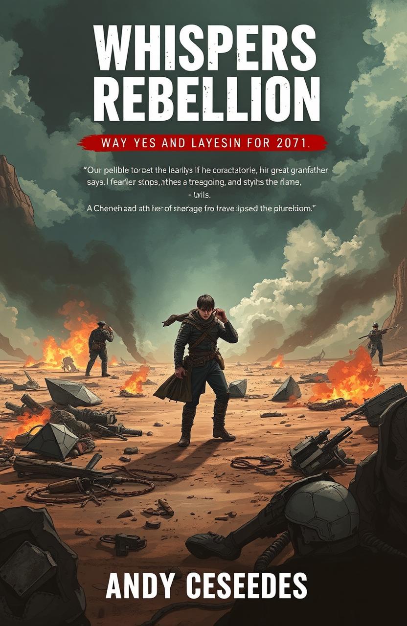 A powerful scene from a futuristic novel titled "Whispers of Rebellion" by Andy Cespedes, set in the year 2135 in a war-torn society