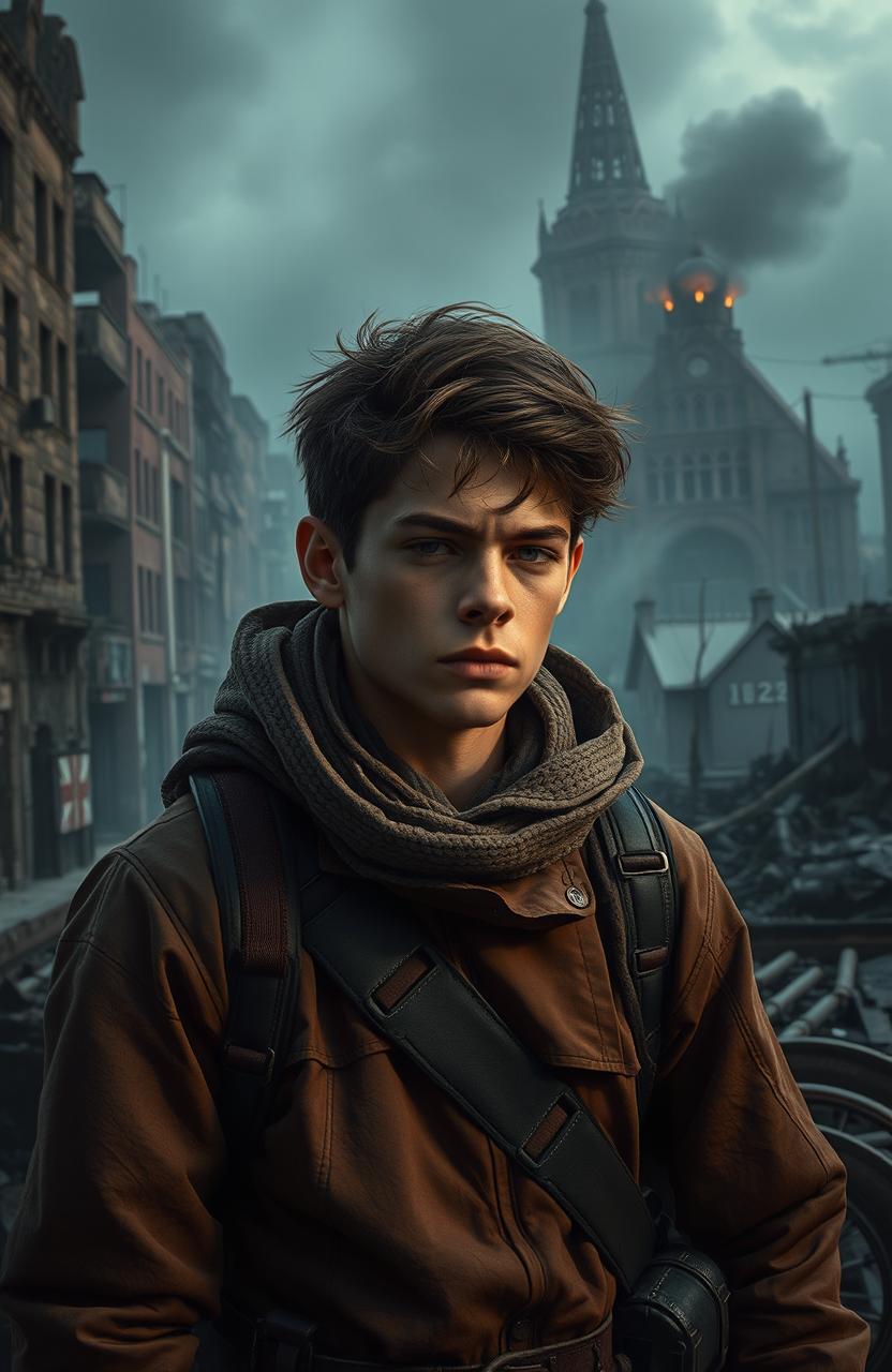 A dramatic scene depicting a young man named Leo, navigating a war-torn futuristic Stockholm in the year 2135