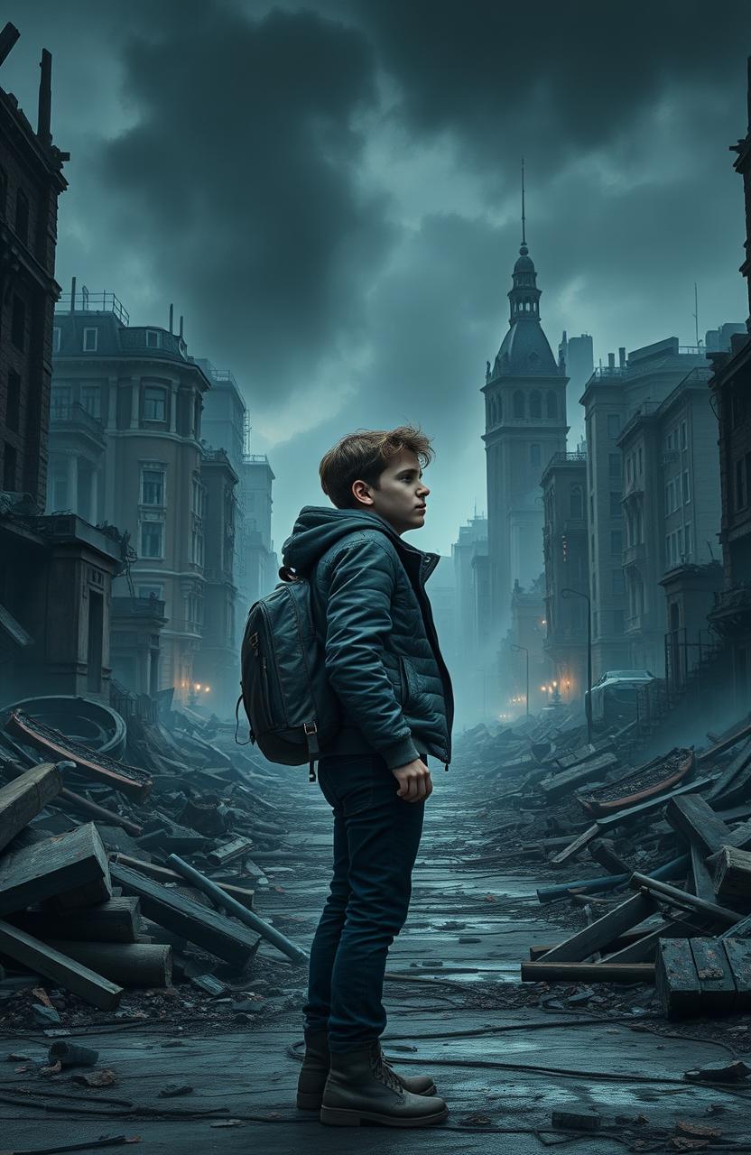 A young man named Leo, 19 years old, stands amidst the ruins of a futuristic Stockholm in the year 2135, with crumbling buildings and remnants of a war-torn society surrounding him