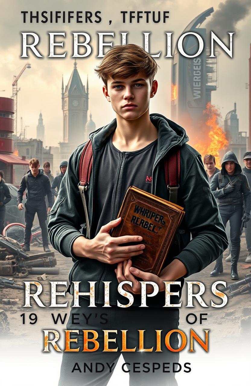 A young man named Leo, 19 years old, with a determined expression, standing in a futuristic Stockholm, surrounded by remnants of a war-torn society