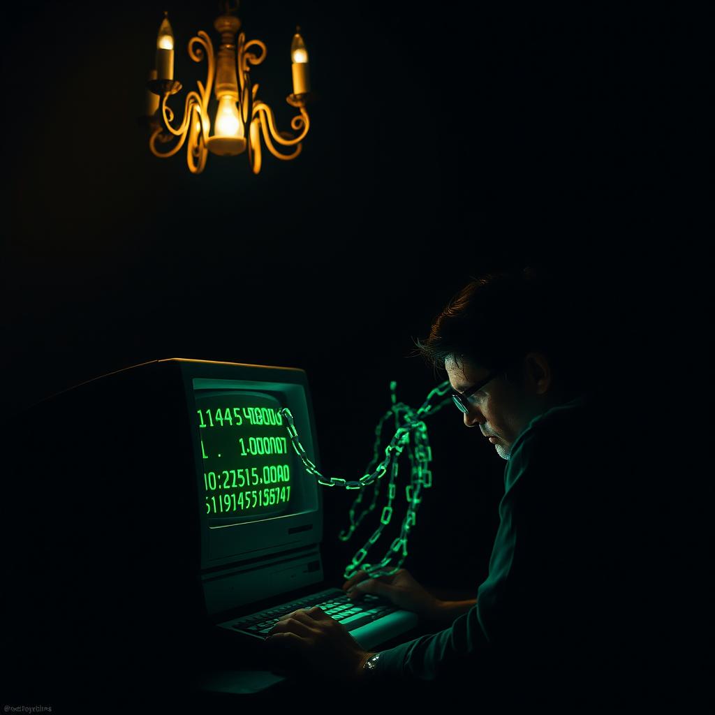 In a dimly lit dark room, illuminated solely by a small, ornate chandelier casting soft shadows