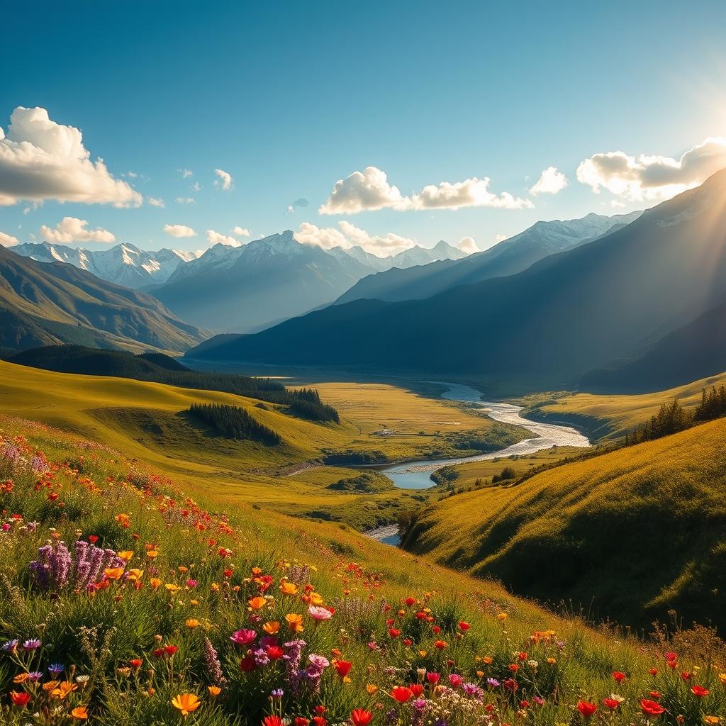A breathtaking cinematic landscape featuring a wide expanse of majestic mountains in the background with snow-capped peaks