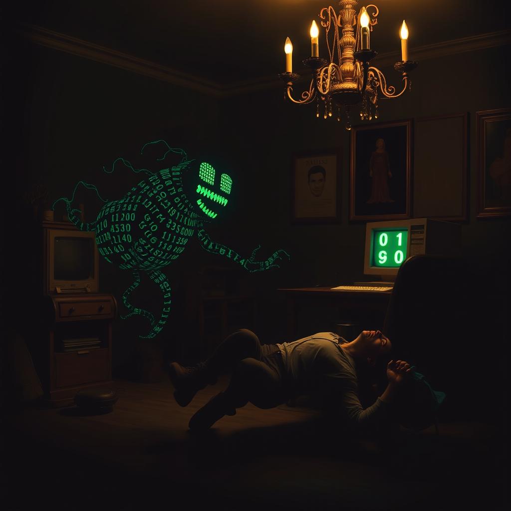 In a dimly lit dark room, illuminated only by a small, ornate chandelier, a frightened programmer is seated in front of an aged, vintage computer that emits a stream of flowing numbers