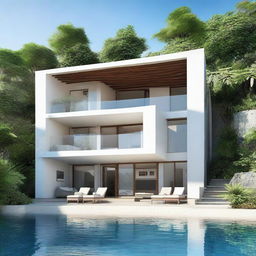 One-story sea view villa with terraced contours and no roof, standing on a 100m2 lot. The 60m2 first floor and an open second story hold a living room, a bedroom, and a bathroom each. The upper level also features an infinity pool, a carport, and a balcony.