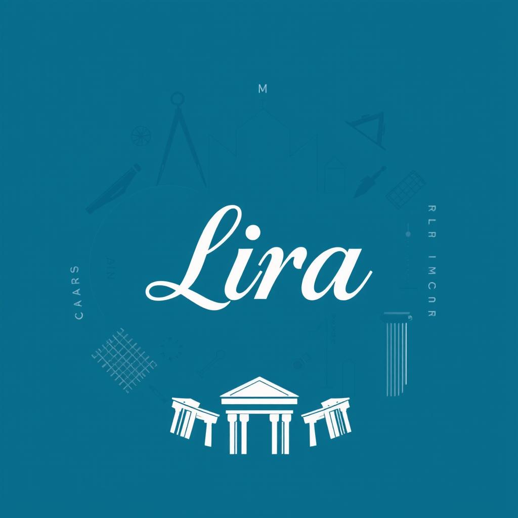 An architectural logo design featuring symbols related to architecture such as blueprints, building silhouettes, and geometric shapes, prominently displaying the word 'Lira' in a modern and elegant font