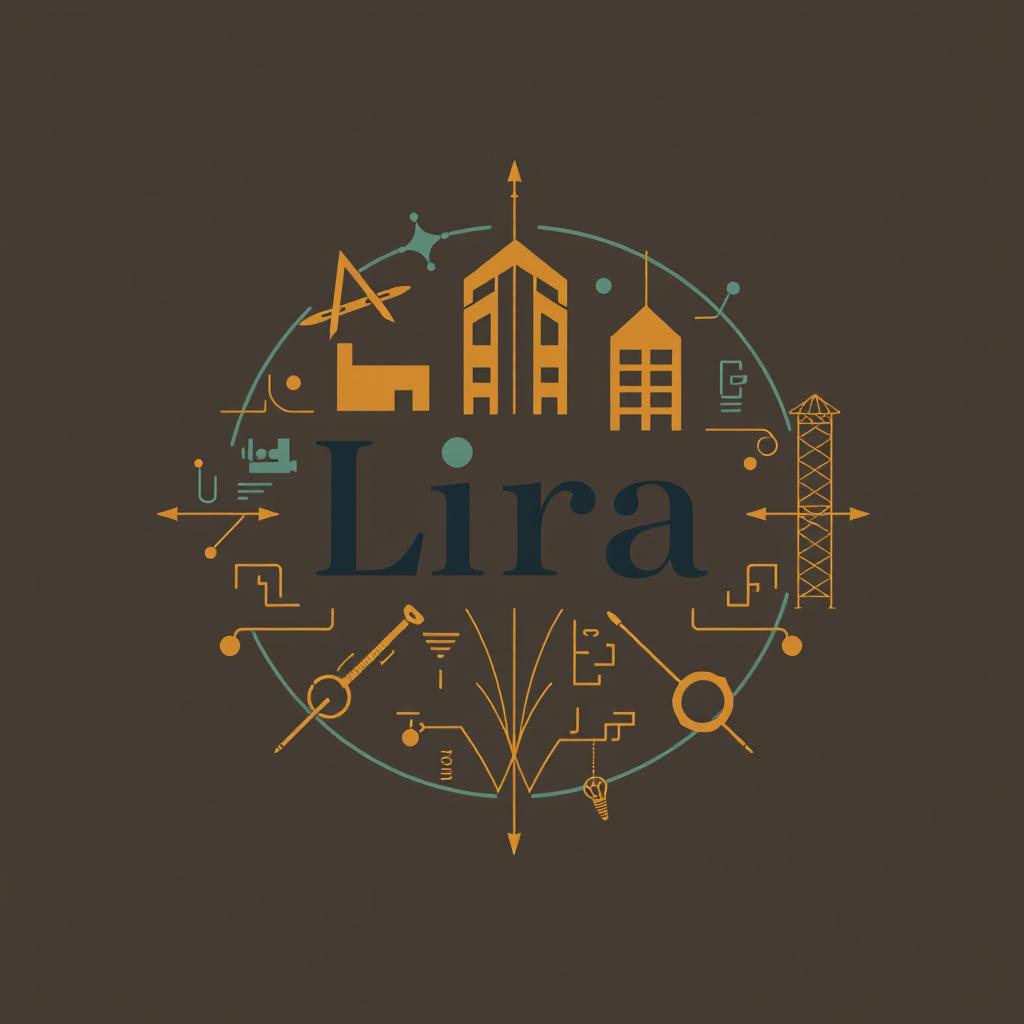An architectural logo design featuring symbols related to architecture such as structural blueprints, building outlines, and intricate geometric patterns, with the name 'Lira' styled in a sleek and contemporary font