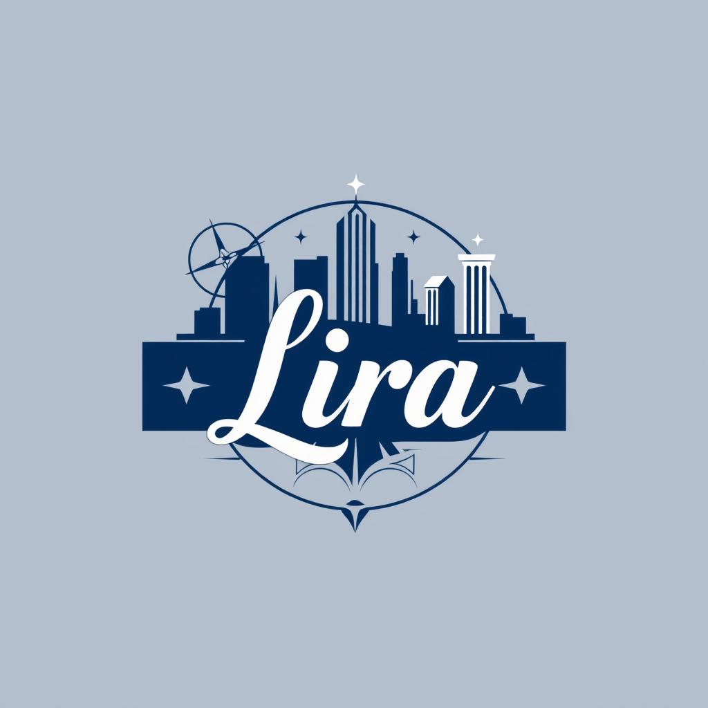A creative architectural logo design that incorporates symbols related to architecture, such as drafting tools, building outlines, and elegant geometric patterns, prominently featuring the name 'Lira' in a stylish and contemporary font