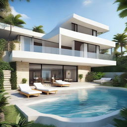 One-story sea view villa with terraced contours and no roof, standing on a 100m2 lot. The 60m2 first floor and an open second story hold a living room, a bedroom, and a bathroom each. The upper level also features an infinity pool, a carport, and a balcony.