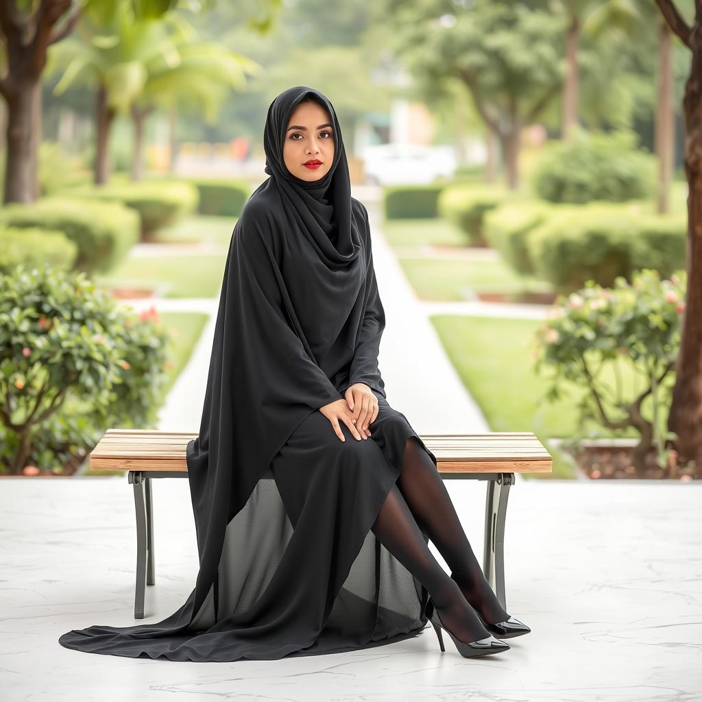 A woman wearing a black chador that elegantly covers her head and body, paired with sleek black tights and stylish black high heels