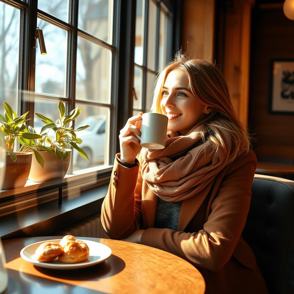 A woman sitting at a cozy café, enjoying a cup of coffee