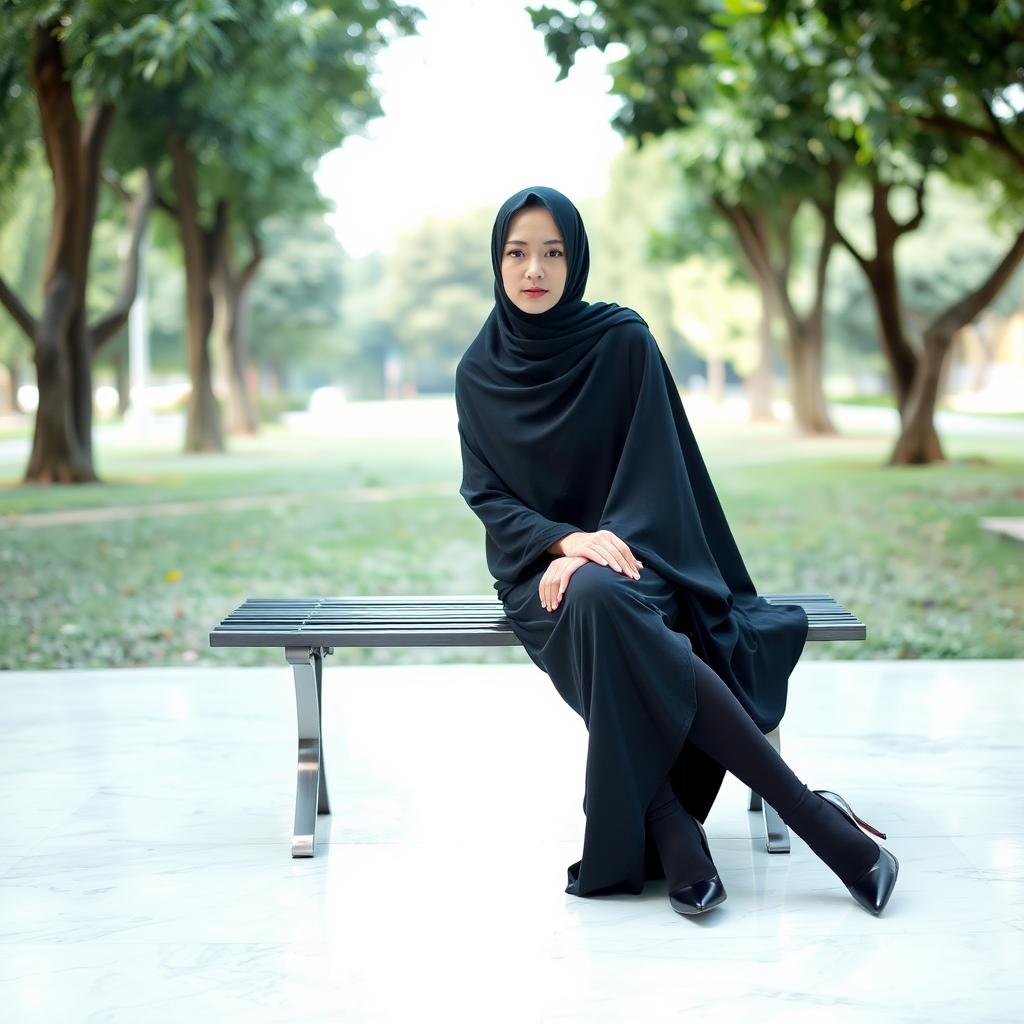 A woman wearing a black chador that elegantly covers her head and body, paired with sleek black tights and stylish black high heels