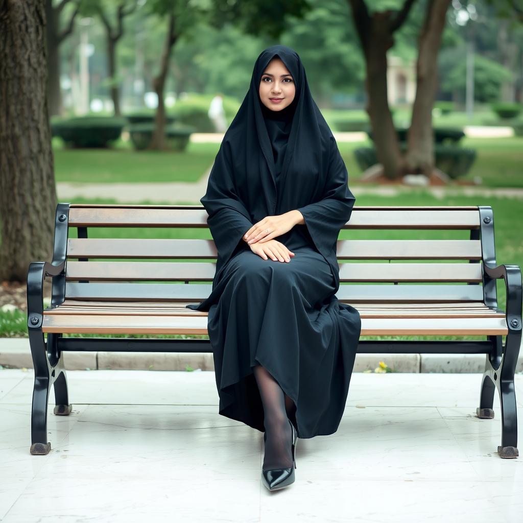 A woman dressed in a black chador that covers her head and body, along with black tights and black high heels, seated on a bench in a park