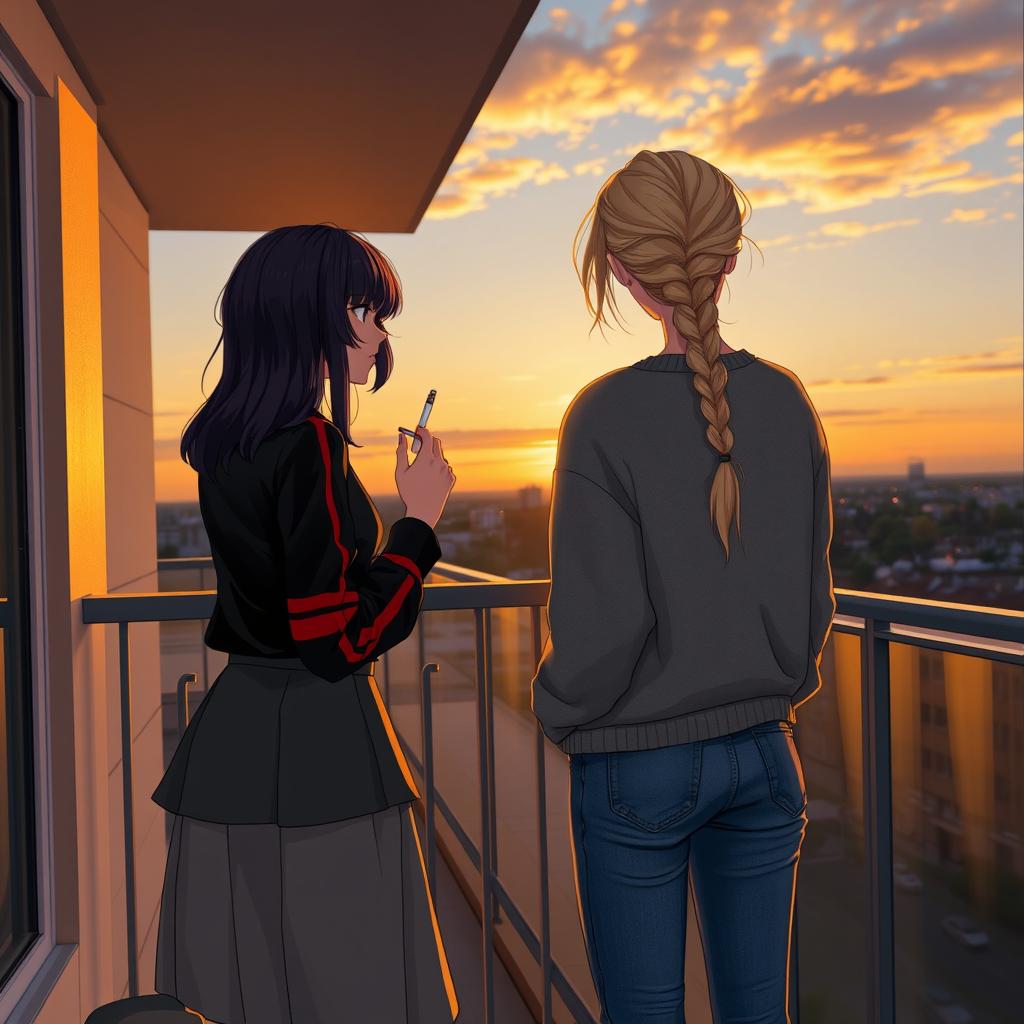 Two girls standing on a balcony with their backs facing us
