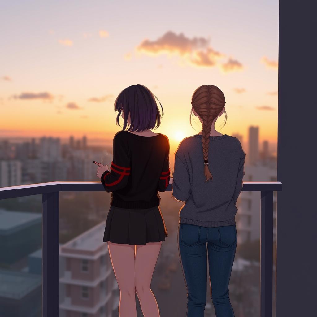 Two girls standing on a balcony with their backs facing us