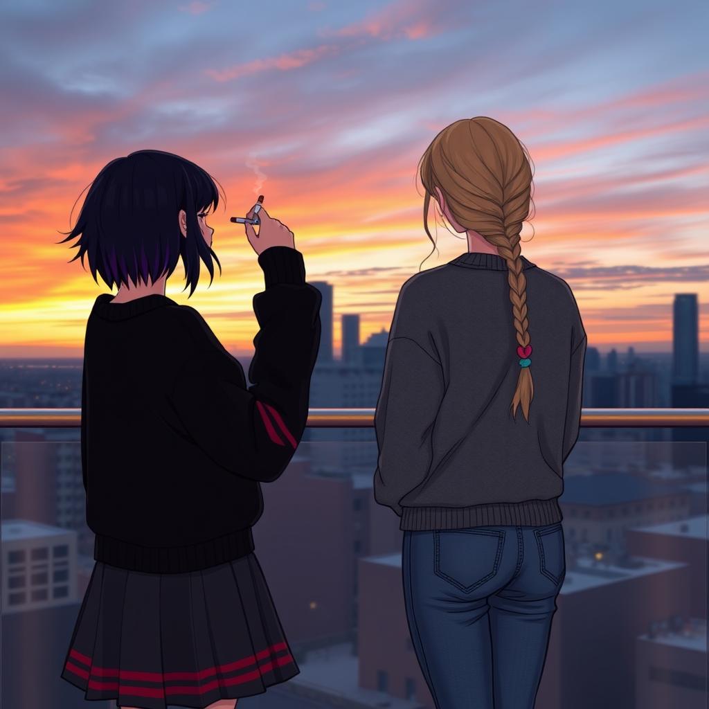 Two girls standing on a balcony with their backs to us