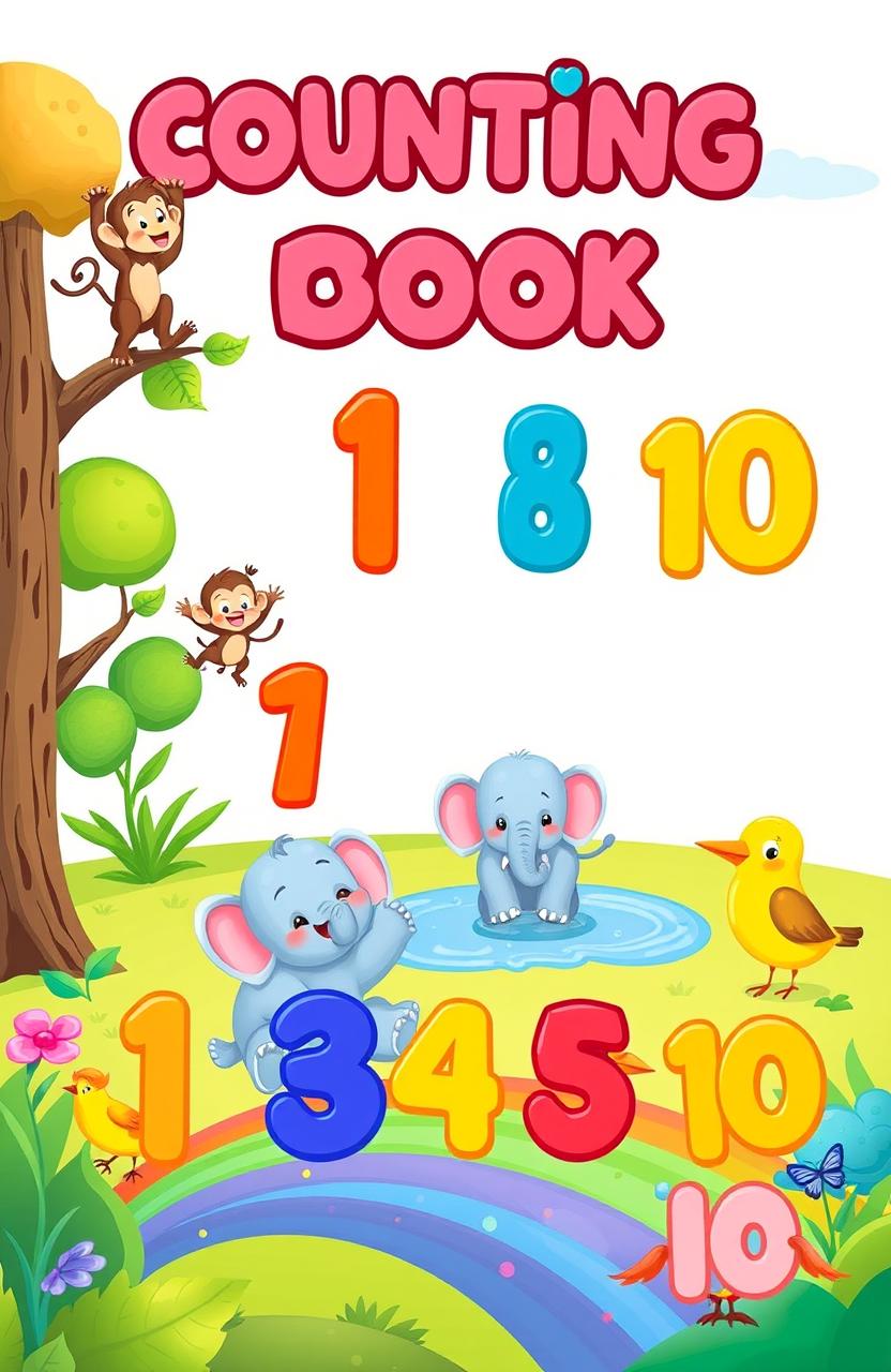 A colorful cartoon-style illustration for a children's counting book featuring adorable cartoon animals such as playful monkeys, friendly elephants, and cheerful birds engaging in counting activities