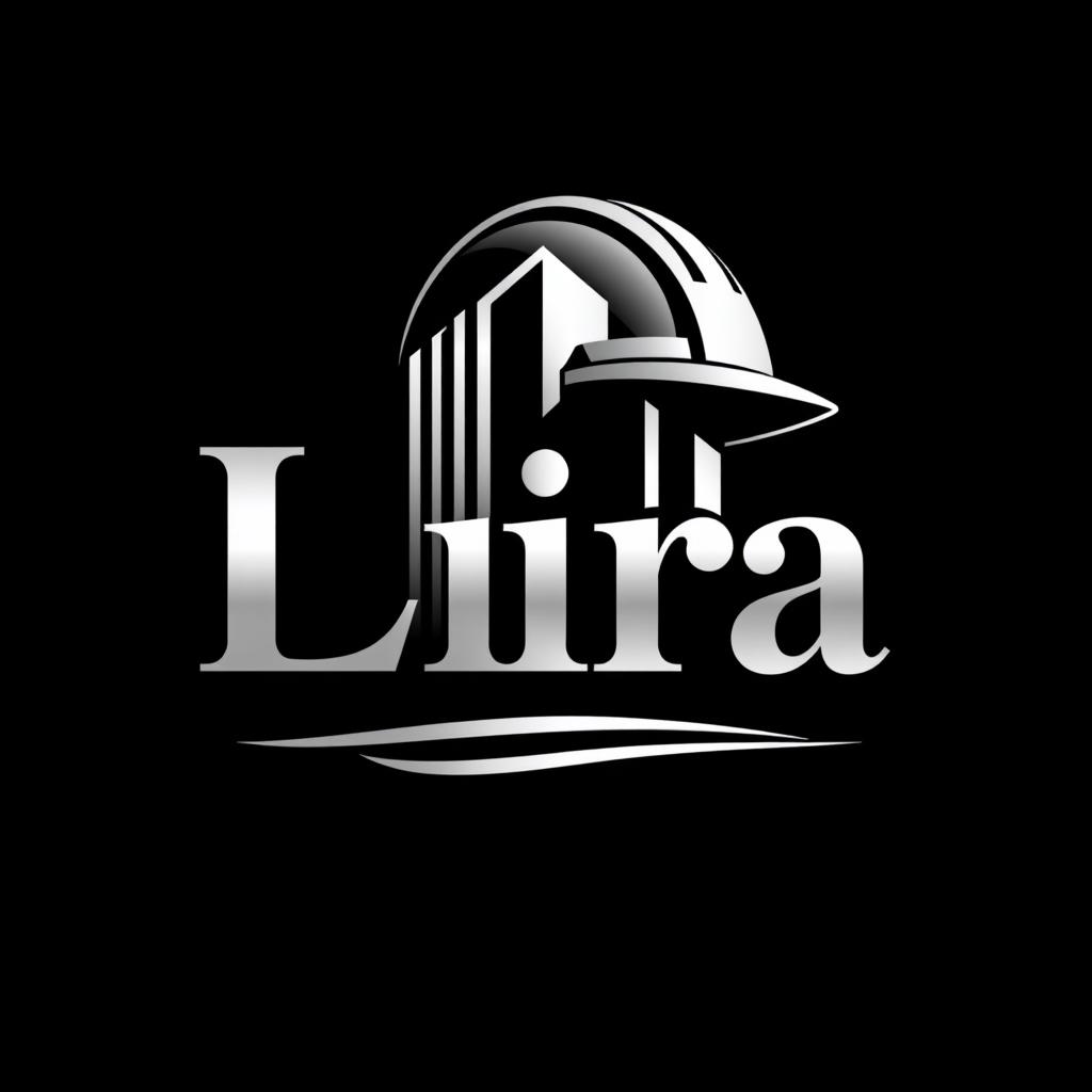 A classic architectural logo design that combines silver and black colors, featuring an elegant blend of a building silhouette and a construction helmet, prominently displaying the name 'Lira' in a timeless and sophisticated font