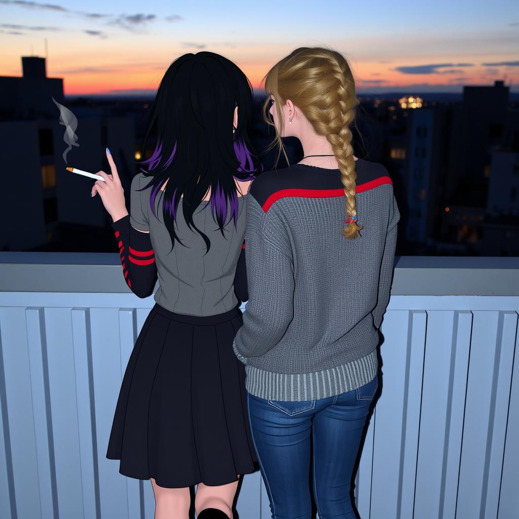 Two girls standing on a balcony with their backs to us
