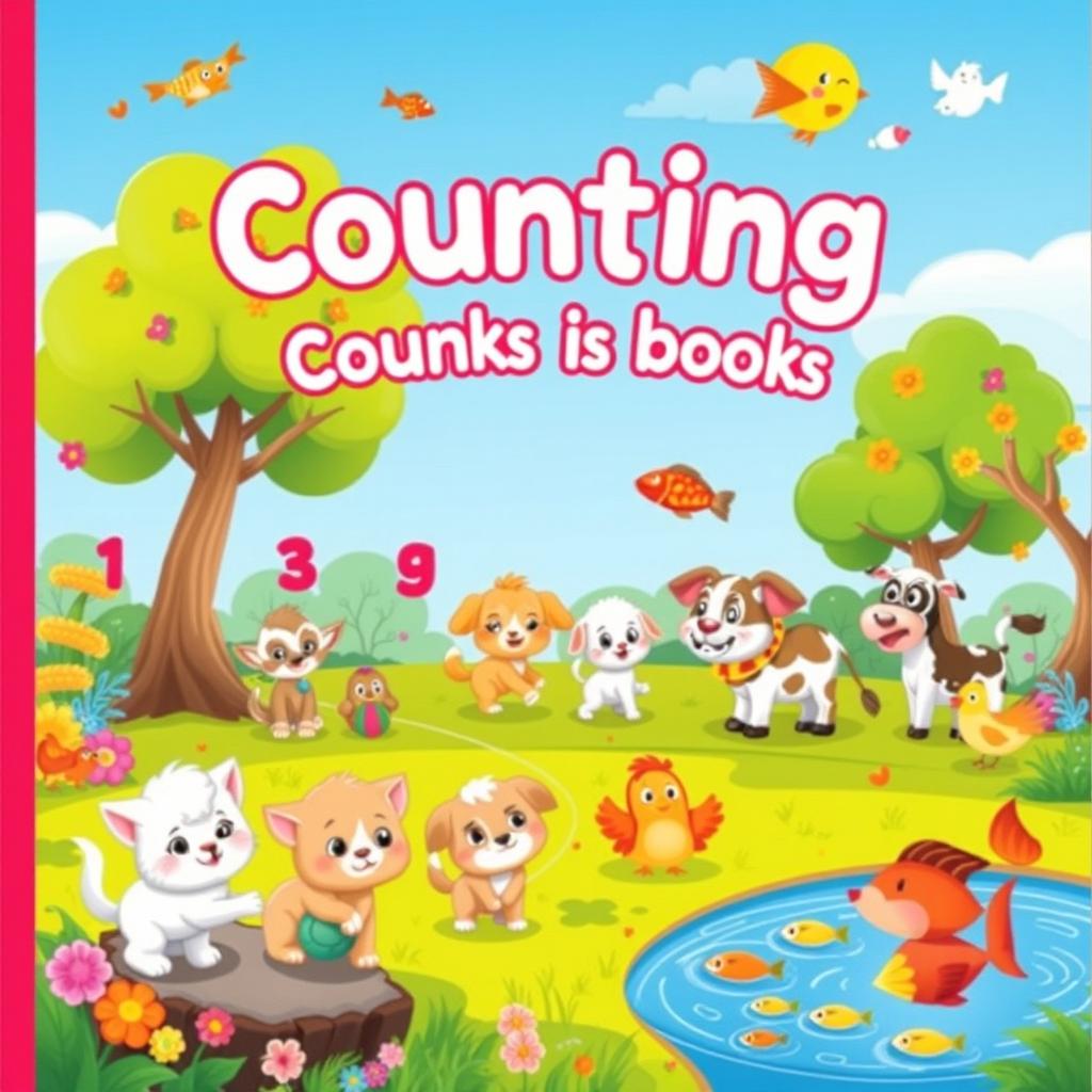 A vibrant cartoon-style illustration for a children's counting book focused on animals, featuring a variety of cute cartoon animals such as fluffy kittens, playful puppies, colorful fish, and friendly farm animals like cows and chickens