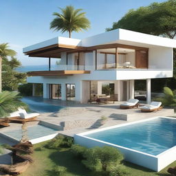 One-story sea view villa with terraced contours and no roof, standing on a 100m2 lot. The 60m2 first floor and an open second story hold a living room, a bedroom, and a bathroom each. The upper level also features an infinity pool, a carport, and a balcony.