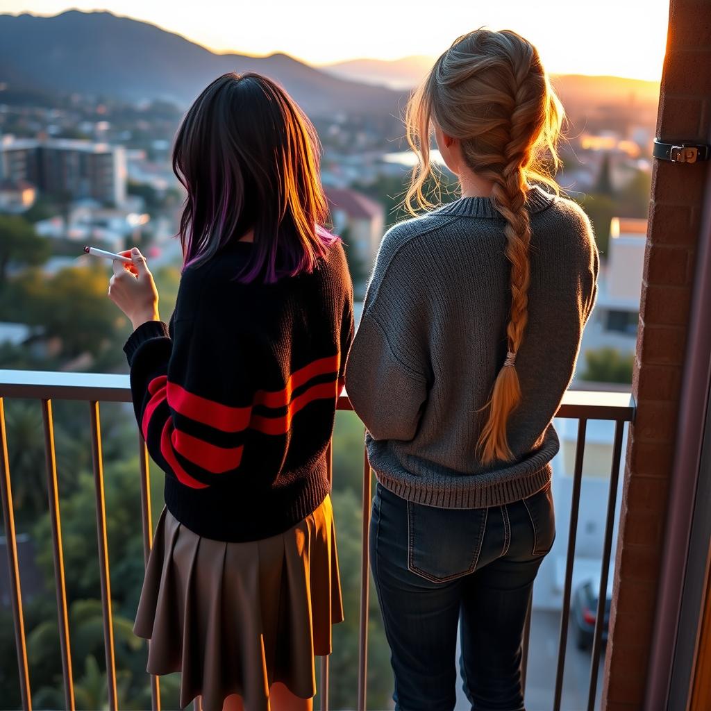 Two girls standing on a balcony with their backs to us