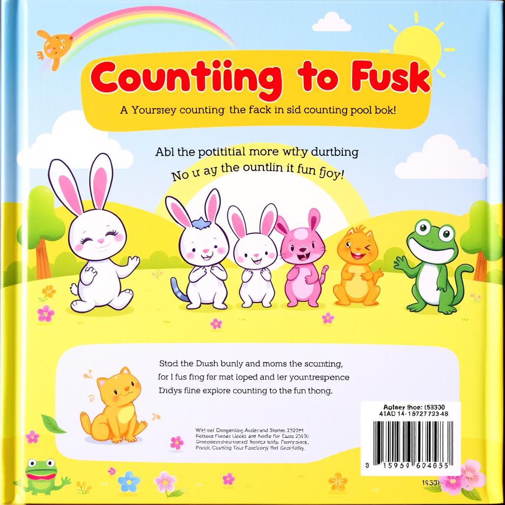 A delightful back cover design for a children's counting book in cartoon style, featuring playful and colorful illustrations of various cartoon animals, like happy bunnies, curious kittens, and funny frogs, each engaging in counting activities