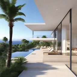 A one-story sea view villa with terraced contours, absent a roof, on a 100m2 plot. The 60m2 first floor contains a living room, bedroom, and bathroom. The second floor houses an infinity pool, a carport, and a balcony, in addition to another suite of rooms.