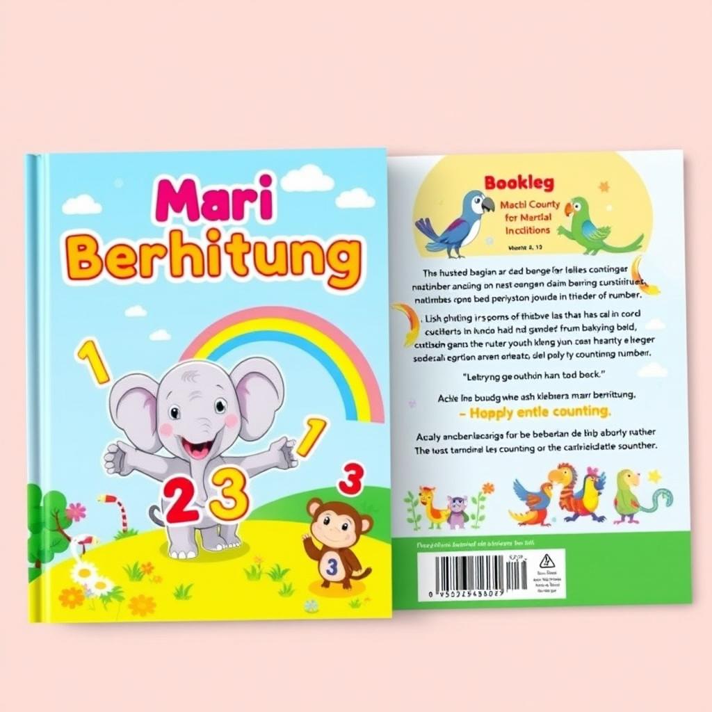 A charming front and back cover design for a children's counting book titled 'Mari Berhitung' in a vibrant cartoon style