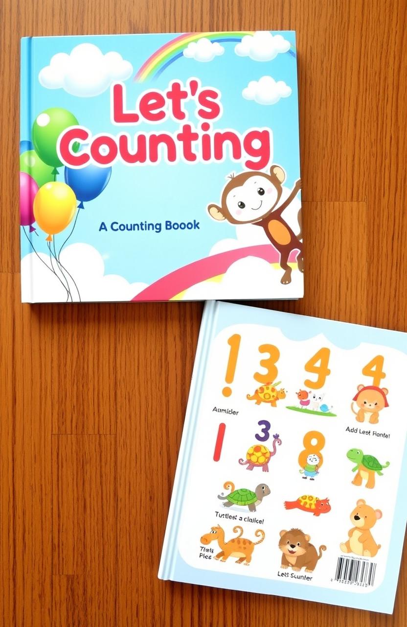 A vibrant and playful illustrated book cover for a children's counting book titled 'Let's Counting' featuring cute cartoon animals