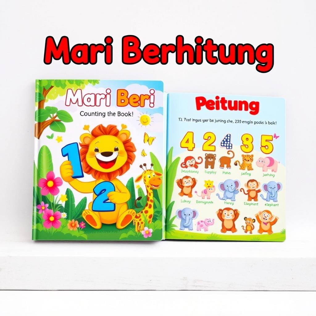 A colorful and engaging illustrated book cover for a children's counting book titled 'Mari Berhitung' featuring playful cartoon characters