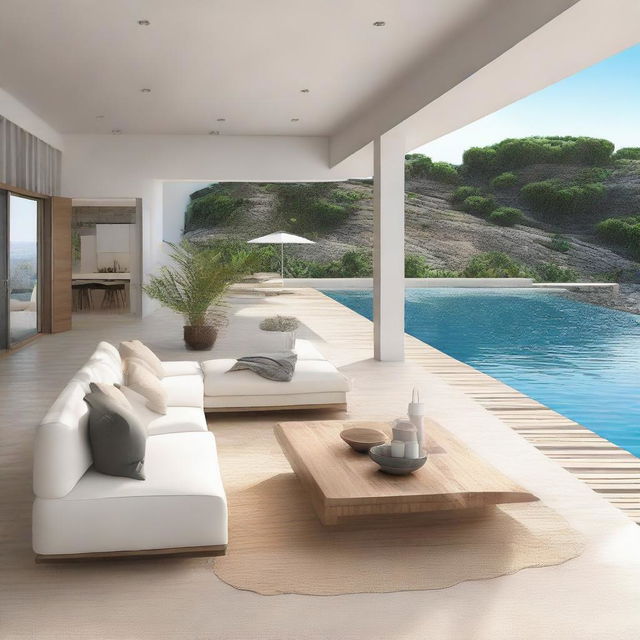 A one-story sea view villa with terraced contours, absent a roof, on a 100m2 plot. The 60m2 first floor contains a living room, bedroom, and bathroom. The second floor houses an infinity pool, a carport, and a balcony, in addition to another suite of rooms.